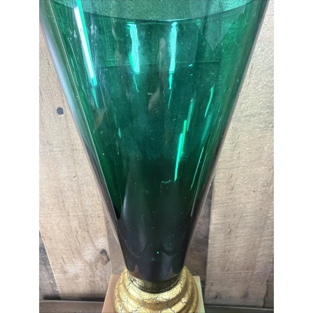 Cristallerie Emerald Green Glass Trumpet Vase Gilded Pedestal Base Vtg Italy 11